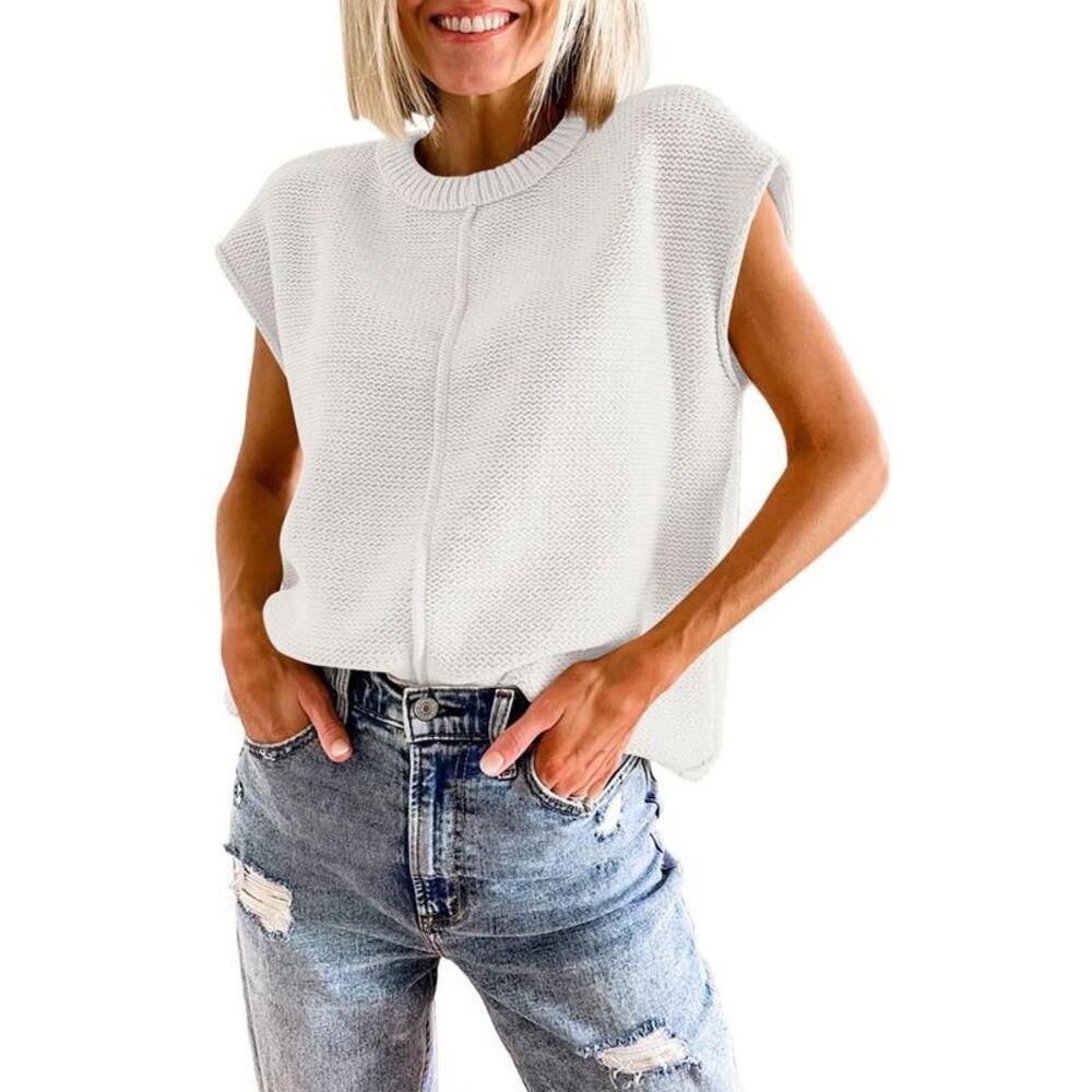 Women's Crewneck Cap Sleeve Loose Ribbed Knit Pullover Sweater Vest White L